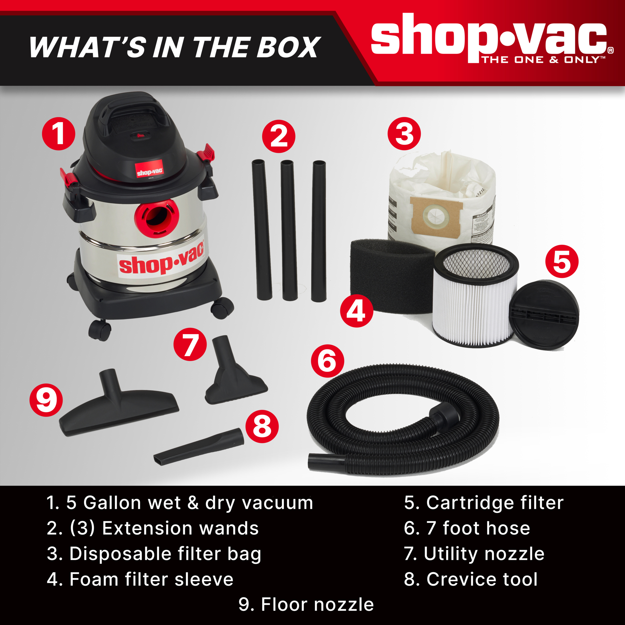 The Shop-Vac® 5 Gallon 4.5 Peak HP Stainless Steel Wet / Dry Vac 9829305 features a durable, easy to clean, stainless steel tank.